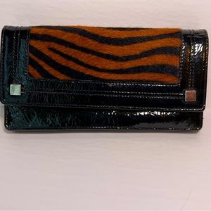 Nordstrom Black Patent Leather w Dyed Fur Front Detail Wallet